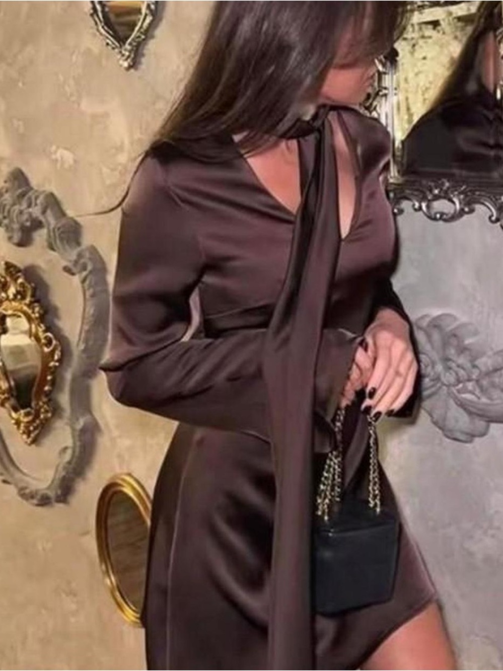 Zara Black Satin Long Sleeve Shift Dress